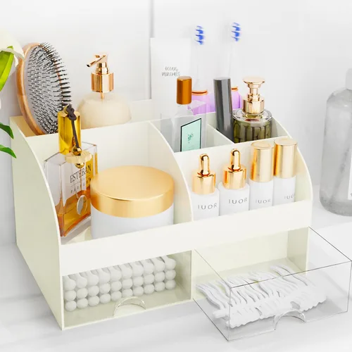 Vista 19 de Organizador de maquillaje con cajones, almacenamiento de cosméticos para tocador y encimera de baño, soporte de belleza para lápiz labial y brochas