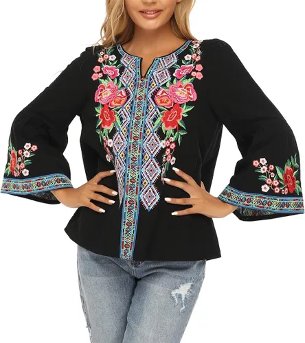 Vista 3 de YZXDORWJ Blusa casual mexicana con volantes y mangas acampanadas para mujer, talla grande, talla XXL