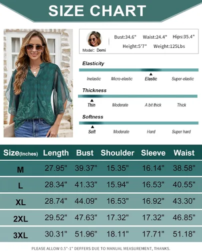 Vista 6 de Cucuchy - Blusas de manga 34 con volantes y cuello en V para mujer, blusas de malla elástica, túnica de doble capa