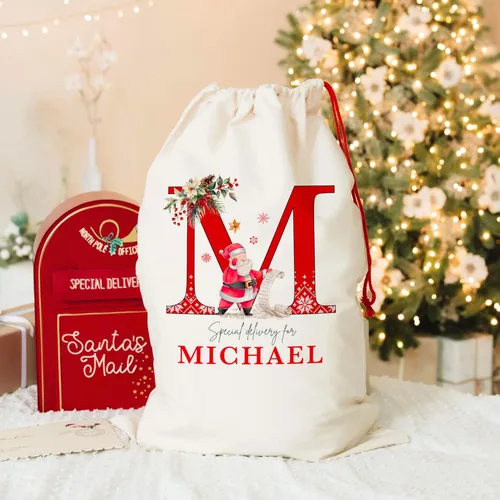 Vista 3 de Saco de Santa de Navidad inicial personalizado, bolsa de regalo de Navidad personalizada, bolsa de cordón con monograma