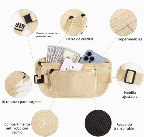 Vista 2 de Cinturón de dinero para viajes, bloqueo RFID, cinturón de dinero oculto, soporte para pasaporte para viajes, Beige, A la moda