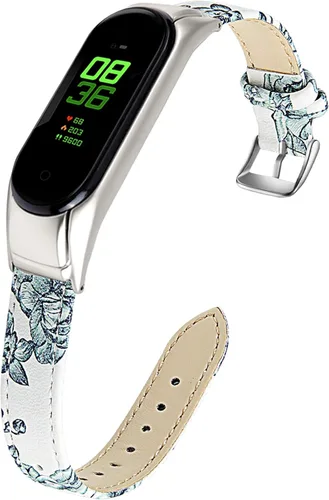 Vista 7 de Mi Band 3 Correa de muñeca, 5.512 in a 7.992 in, correa de cuero genuino, elegante patrón de flores, correa de cuero de repuesto delgada, correa