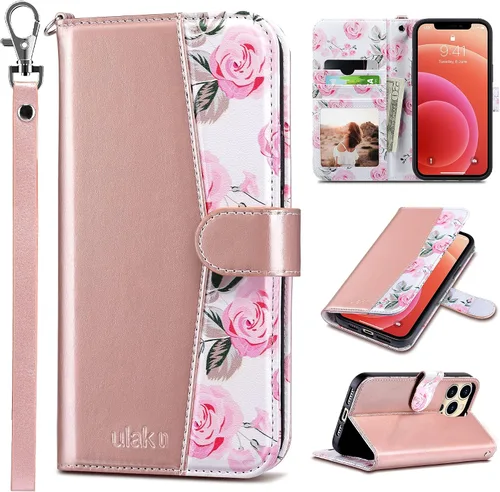 Vista 18 de ULAK Compatible con iPhone 13 Funda tipo cartera para mujer, funda tipo billetera de piel PU con tarjetero y función de caballete, funda protectora