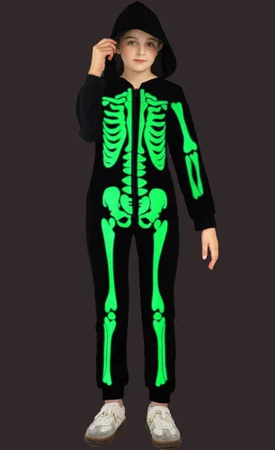 Vista 3 de Kids Skeleton Costume Glow in The Dark One-Piece Skeleton Hoodie for Halloween