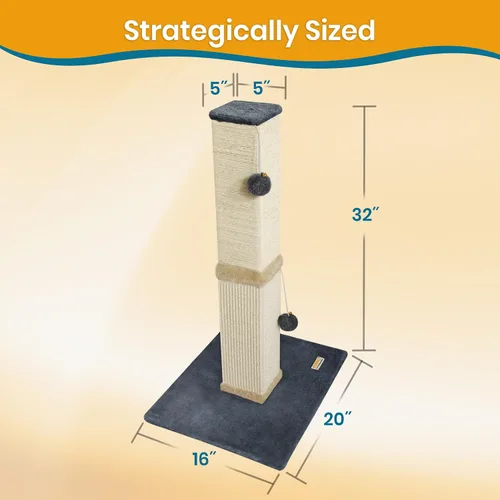Vista 2 de Pawbee Torre rascador para gatos de 32 pulgadas con cascabeles y bolas de felpa, torre de sisal con base más grande para una mejor estabilidad, Beige