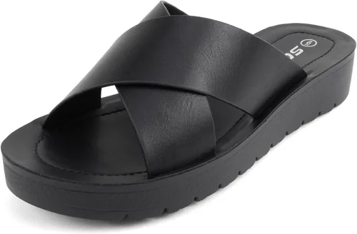 Vista 2 de Soda LUCY ~ Sandalias de plataforma plana con tiras cruzadas y puntera abierta para mujer, estilo deslizante de moda Todo negro