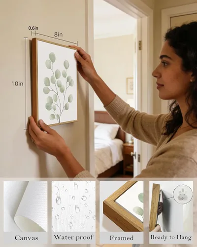 Vista 3 de KUVIOKE Arte botánico enmarcado bohemio para pared de plantas de baño, decoración de pared, impresiones de hojas de eucalipto verde salvia, estética
