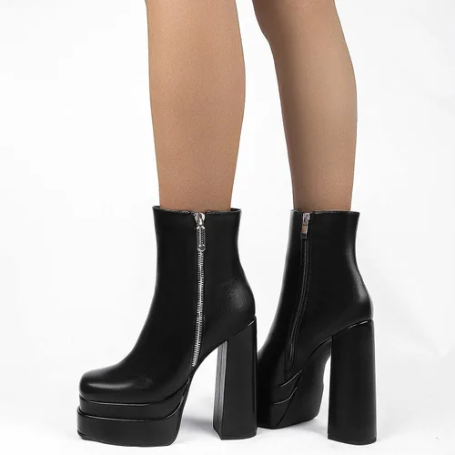Vista 3 de SIFINELAR Botas de tobillo con plataforma para mujer tacón alto tacón grueso punta cuadrada botas cortas con cremallera lateral