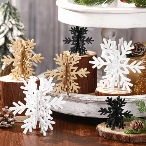 Vista 8 de Bucherry 12 piezas de decoración de mesa de copo de nieve de madera 3D con copos de nieve y centro de mesa para fiesta de congelados, Navidad