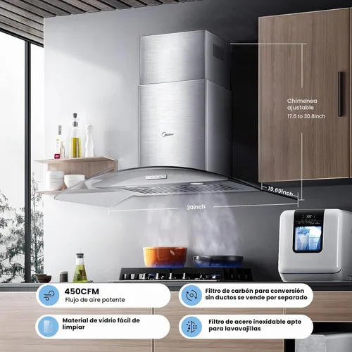 Vista 3 de Midea MVG30W8AST Campana extractora de ventilación de 30 pulgadas con conductos de montaje en pared con ventilador de escape de 450 CFM de 3