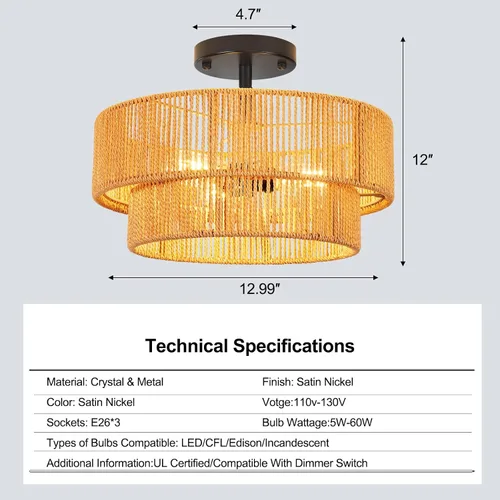 Vista 6 de ZECOXOL Lámpara de Techo de Ratán Moderna Bohemia Chandelier de Montaje Empotrado Luz de Techo de 3 Luces 12.99", Lámparas de Luz de Mimbre Tejido