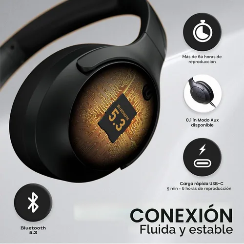Vista 5 de PowerLocus Auriculares Bluetooth Sobre la Oreja, 60H Tiempo de Reproducción, 4 Modos EQ Auriculares Inalámbricos con Micrófono, Auriculares