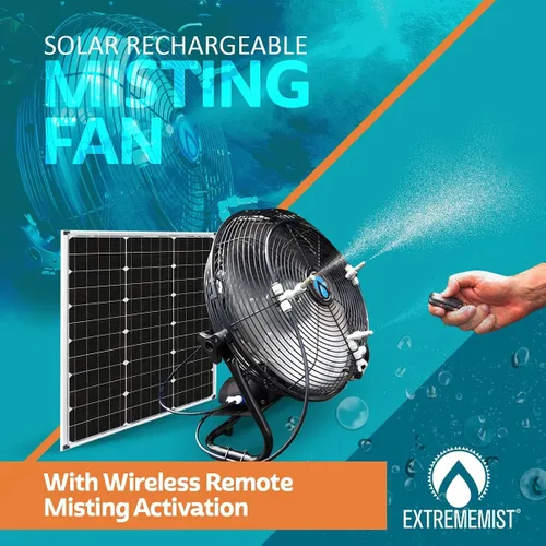 Vista 3 de EXTREMEMIST Ventilador de nebulización solar de 14 pulgadas Pro - 4 boquillas de niebla, panel solar de 30 W Bomba desmontable con línea
