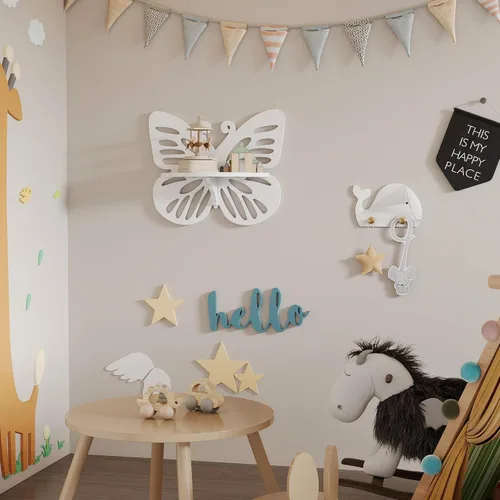 Vista 3 de Estante flotante Deor de pared con forma de mariposa, bonito estante de pared para habitación de niños, pequeño estante decorativo montado