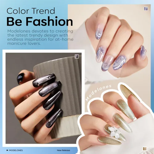 Vista 3 de modelones - Juego de 6 esmaltes en gel con efecto de ojo de gato cristalino, holográfico 9D, brillantina, negro, azul, morado, verde, con imán