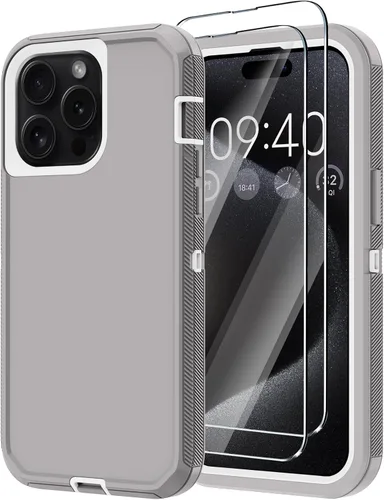Vista 8 de Funda para iPhone 15 Pro Max con 2 protectores de pantalla, protección contra caídas a prueba de golpes, cuerpo completo, resistente, 3 capas, Negro