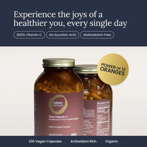 Vista 5 de Infinity-C Cápsulas orgánicas de vitamina C, VIT C biodisponibles de Acerola, Camu Camu y Amla, alimentos integrales de vitamina C de 1000 mg