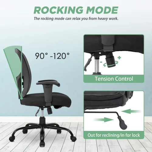 Vista 4 de Silla de oficina ergonómica ejecutiva, silla de computadora de malla con soporte lumbar, asiento ancho, brazos de ajuste, giratorio, respaldo alto