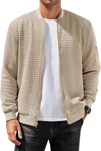 Vista 7 de COOFANDY - Chaqueta de suéter con cremallera para hombre, sudadera acanalada, bomber ligera, casual