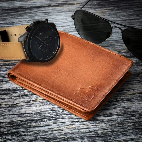 Vista 7 de Carteras plegables con bloqueo RFID para hombres con 2 ventanas de identificación cartera de cuero de grano completo de gran capacidad Marrón Rustic
