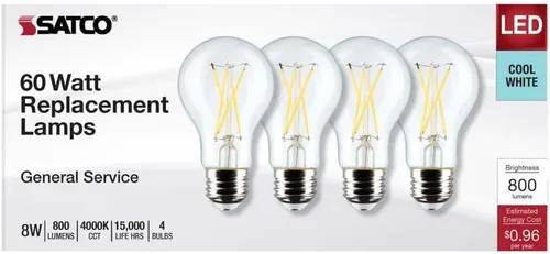 Vista 3 de Satco 12464-8A19/CL/LED/E26/940/4PK/120V (S12464) A19 A Line Pear Bombilla LED