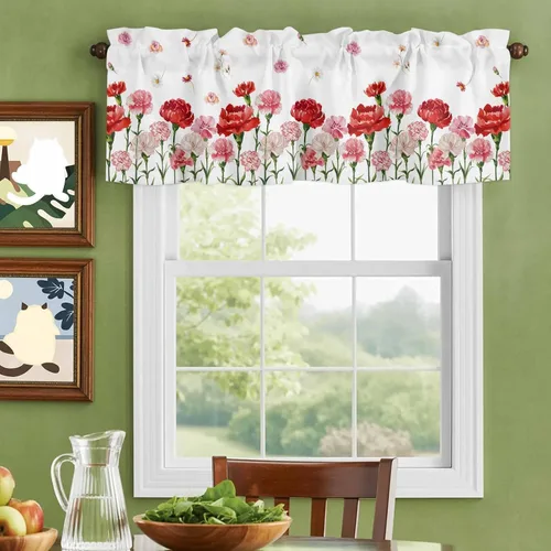 Vista 8 de Cenefa floral para ventanas, cortinas de clavel rojo y rosa, cenefas con bolsillo para barra, cenefa de ventana para primavera, vacaciones, día