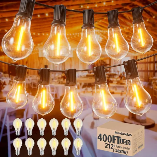 Vista 9 de 200 pies de luces de cadena LED al aire libre Edison para exteriores, impermeables, 2200K, luces de patio con 104 bombillas de plástico