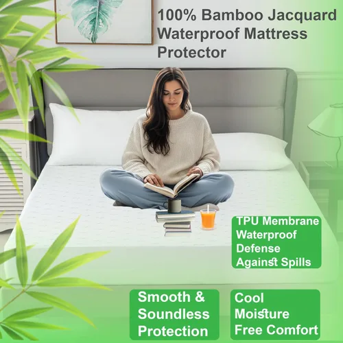 Vista 3 de Protector de colchón impermeable jacquard de bambú de lujo, ultrasuave, transpirable y silencioso, barrera 100% líquida para manchas y derrames