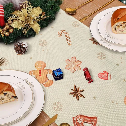 Vista 5 de Bonhause Camino de mesa de pan de jengibre de Navidad de 13 x 72 pulgadas, galletas de Navidad, decoración de mesa de comedor para interiores