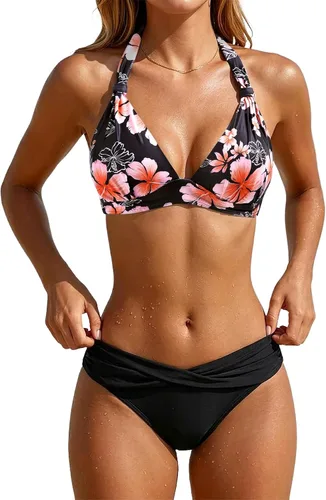 Vista 34 de Yonique Traje de baño de dos piezas para mujer, conjunto de bikini push up, traje de baño halter, traje de baño vintage Verde Aqua