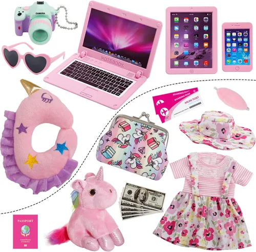 Vista 2 de Windolls Maleta para muñecas de 18 pulgadas, accesorios de viaje, accesorios de ropa para muñecas, juego de almacenamiento, funda, sombrero, gafas