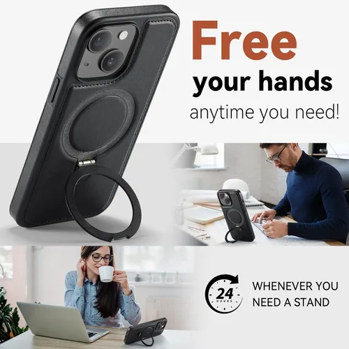Vista 8 de Funda para iPhone 13 con soporte compatible con Magsafe, color negro Magnetic Kickstand, with Tempered Glass Screen Protector, Durable PU Leather