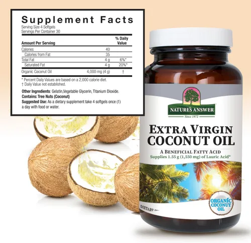 Vista 3 de Nature's Answer Aceite de coco virgen extra, cápsulas blandas de aceite de coco orgánico, multiusos, sin OMG, ideal para cabello, piel, cuerpo