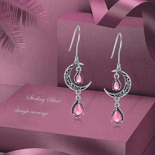 Vista 6 de Aretes de luna para mujer, plata de ley 925, aretes colgantes de luna celta, esmeralda, amatista, rubí, zafiro, rosa, peridoto, aguamarina, citrino