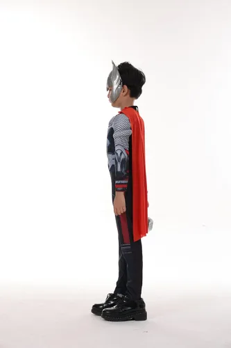 Vista 3 de Disfraz de superhéroe para niños, traje muscular con casco, traje de capa roja, conjunto de 3 piezas para Halloween (sin martillo)