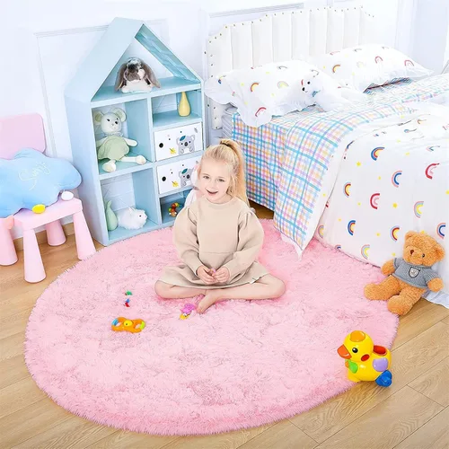Vista 6 de Alfombra redonda rosa para dormitorio, alfombra circular esponjosa de 4 pies para habitación de los niños, alfombra suave antideslizante, alfombra