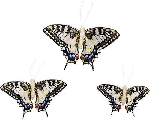 Vista 2 de Juego de 12 decoraciones de mariposa de plumas y mariposas multicolores, mariposas papilio machaon en alambre. Decoración del hogar de primavera