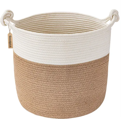Vista 11 de Goodpick - Cesta tejida de yute para mantas, organización de ropa, cuerda de algodón, 40L Soft Blanket & Laundry Basket with Handles, Baby Toy