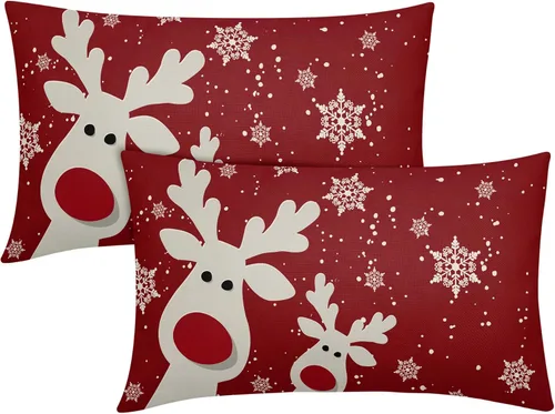 Vista 18 de Juego de 2 fundas de almohada lumbar de Navidad negras de 12 x 20 pulgadas, diseño rústico de copos de nieve de ciervos de Navidad, almohadas