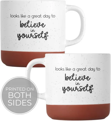 Vista 3 de Canopy Street Taza de café de cerámica moteada de 13 onzas con texto en inglés «Looks Like A Great Day To Believe In Yourself», taza de café