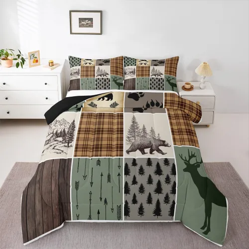Vista 21 de Juego de edredón de cabaña rústica navideña, juego de ropa de cama estilo rústico con diseño de osos y ciervos, tamaño completo, patchwork Multi 08