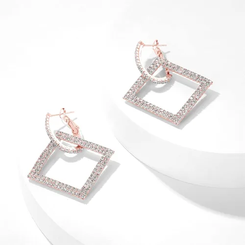 Vista 6 de KISZU Aretes de aro dorados plateados para mujer, delicados aretes colgantes cuadrados de diamantes de imitación de cristal para niñas, juego