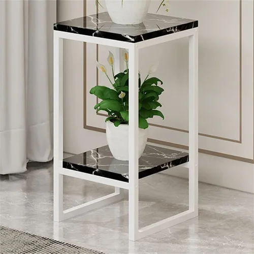 Vista 27 de Mesa cuadrada simple de madera de varios niveles con estante de almacenamiento, soporte para maceta de hierro forjado para sala de estar en Negro