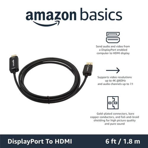 Vista 2 de Amazon Basics Cable DisplayPort a HDMI, unidireccional, 1080p, 1920x1200, 4K @60Hz, funciona con computadoras de escritorio y portátiles habilitadas
