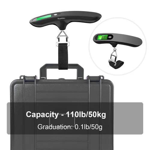 Vista 3 de Raabiko Báscula digital de equipaje, báscula digital portátil para equipaje con capacidad de 110 libras, batería incluida, color negro