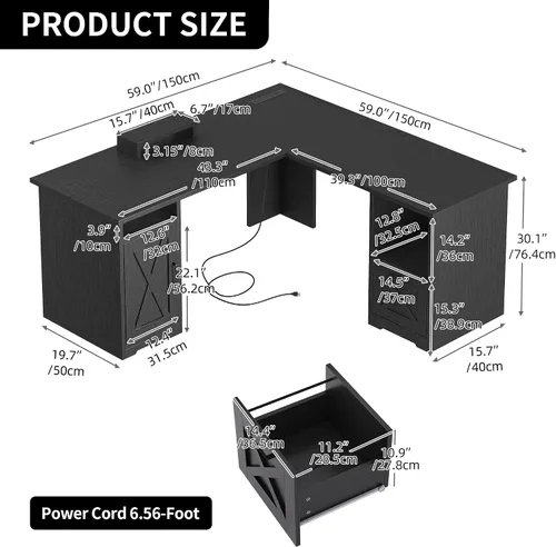 Vista 3 de YITAHOME Escritorio en forma de L con tomas de corriente, escritorio de computadora de esquina de 60 pulgadas con cajón para archivos, escritorio