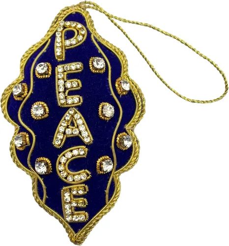 Vista 20 de Adorno de Navidad adornado con corazón verde, bordado Zari Zardozi dorado con cuentas y perlas de imitación, bolsa de presentación