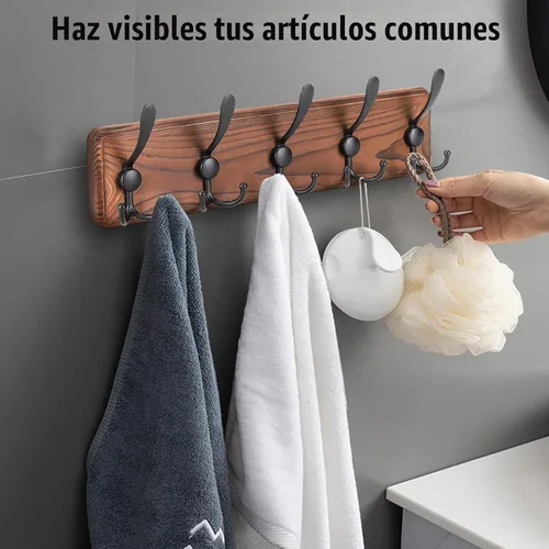 Vista 4 de Gohiuo Perchero Rústico para Montaje en Pared, Ganchos de Pared de Madera con 5 Ganchos Triples, Perchero de Madera Resistente para Colgar