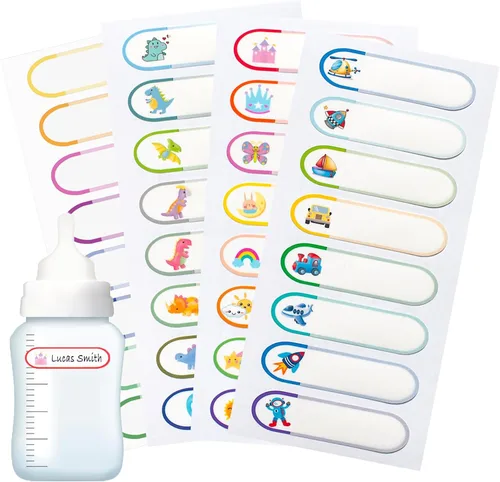 Vista 8 de Etiquetas de nombre para cosas infantiles para guardería, etiquetas impermeables para suministros escolares, 126 etiquetas para botellas de agua