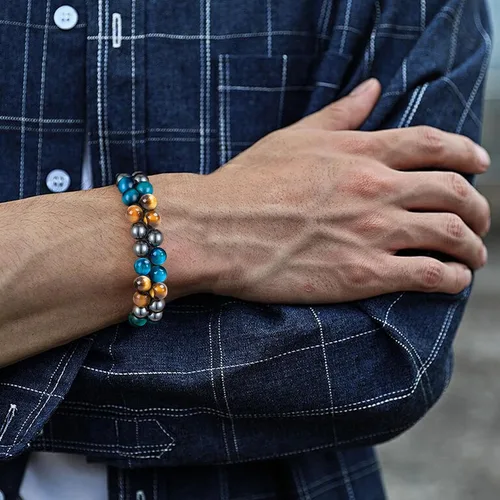 Vista 21 de MIDON - Pulsera de ojo de tigre, pulsera de triple protección para hombres y mujeres, hecha a mano, cuentas de ojo de tigre, hematita y obsidiana